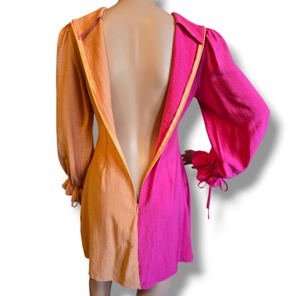 Women's Two Tones Flounce Sleeve Ruched Dress Pink/ Orange Peach - Picture 8 of 16
